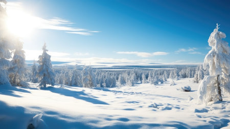 Snow view winter wonderland snowscape background banner with blue sky and sunshineの素材