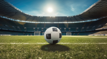 Soccer ball on green grass at soccer stadium.の素材