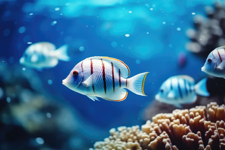 Underwater coral reef landscape in the deep blue ocean with colorful fish and marine life.の素材