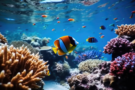 Tropical sea underwater fishes on coral reef, Coral colony and coral fish, Landscape nature snorkeling diving.の素材
