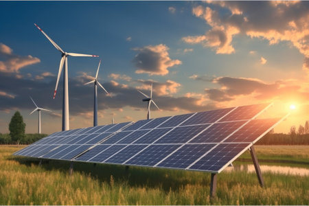 Renewable energy eco, Solar panels wind turbines installed as renewable energy sources for electricity and power supply.の素材