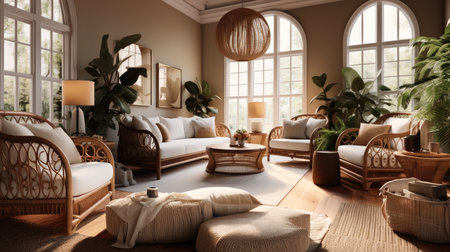 Interior design living room in boho style with sofa and rattan armchair.の素材
