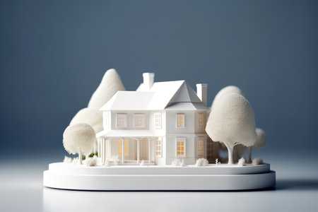 Model of a beautiful wooden house, stylized layout of a white house on a gray table, 3d rendering, Housing development theme.の素材