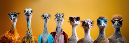 Group of ostrich bird in vibrant bright fashionable on yellow background, Creative animal concept.の素材