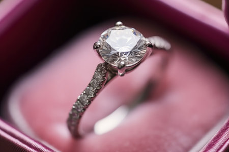 Wedding rings, Close up of an elegant diamond ring in pink box background.の素材