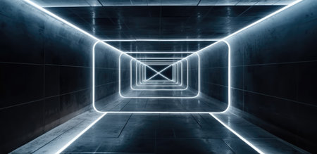 Empty tunnel with neon light, Laser lines in the center of the room, Futuristic dark with light and reflection background.の素材