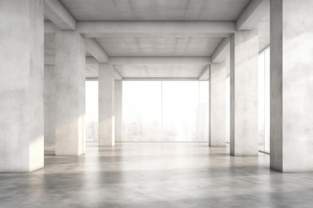 Empty room with concrete walls of tall skyscraper commercial office building, Concrete floor.の素材