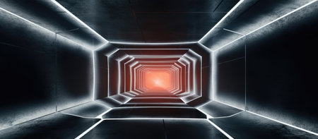 Empty tunnel with neon light, Laser lines in the center of the room, Futuristic dark with light and reflection background.の素材