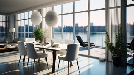 Modern condo interior, Modern luxury living room and dining room open to patio with ocean view.の素材