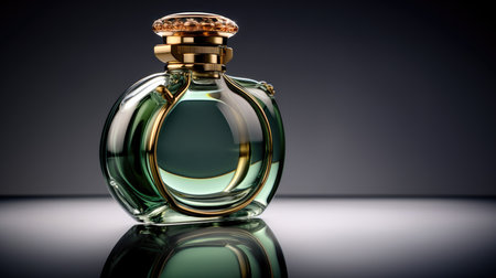 Perfume glass bottle, spray, light green liquid, 3d vector mockup for ad and branding, Beauty product illustration.の素材