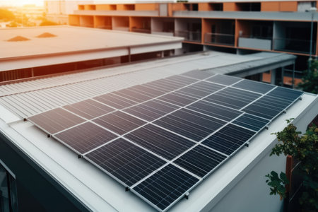 Solar cell panels on rooftop of house at city, Save energy concept, top view.の素材