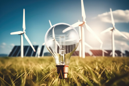 Light bulb with wind power plant background, Renewable energy source, Green energy industry concept.の素材