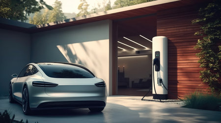 Modern electric car parked next to a home and charging from a charging station.の素材