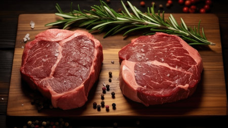 Two raw ribeye beef steaks.の素材