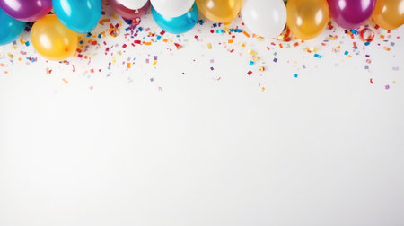 Balloons and confetti on a white background, Top view.の素材