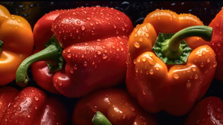 Fresh peppers with water drops on nature background, Top view.の素材