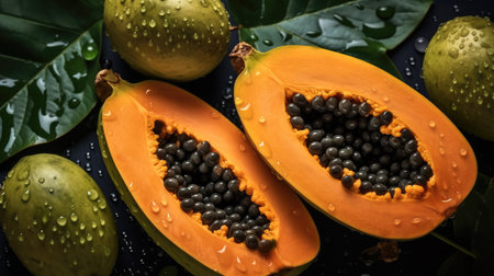 Fresh papaya with dew droplets on the green fresh leaves in an organic farm.の素材