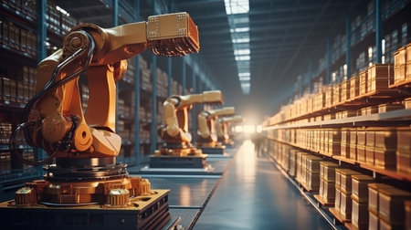 Intelligent robotic system for warehouses and factories with digital technology, Concept business and industry 4.0 modern technology transportation and warehousing.の素材