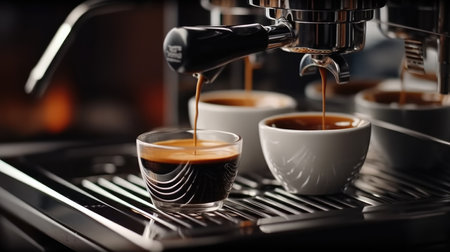 Barista make coffee latte art with espresso machine in cafe.の素材