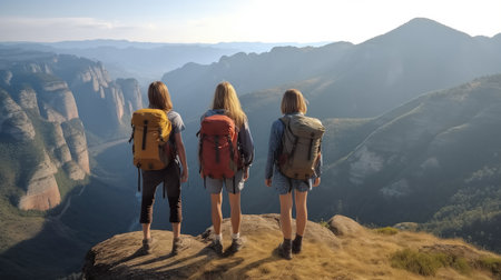 Rear view of Hikers with backpacks enjoying beautiful landscape on the mountains.の素材