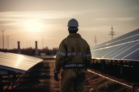 Engineers examining work of photovoltaic cells at solar power generating station.の素材