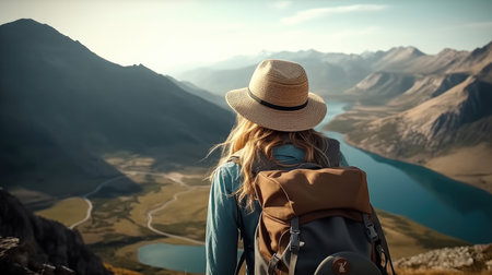 Woman on a mountaintop, Rear view of female hiker with backpack looking out over a landscape.の素材