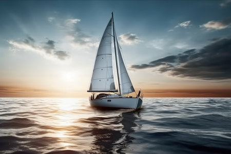 Sailboat sailing in sea under a beautiful sunset.の素材