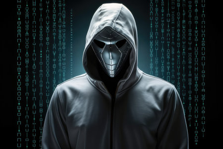 Cybersecurity, Computer hacker with hoodie, Coding, Malware concept on server room background.の素材