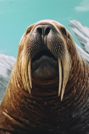 Close up of walrus in water with whiskers and white fangs.の素材