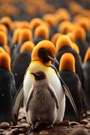 Portrait of a King penguin, King Penguin with chicks.の素材