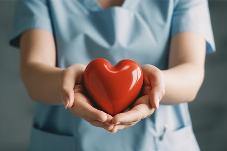 Medicine doctor holding red heart shape in hand, Medical heart cardiology concept.の素材