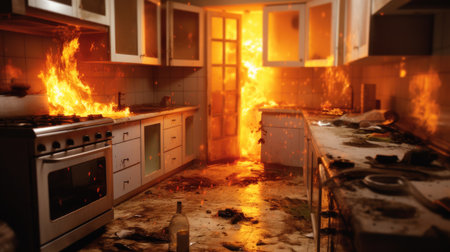 Kitchen fire, Fire raging in domestic kitchen.の素材