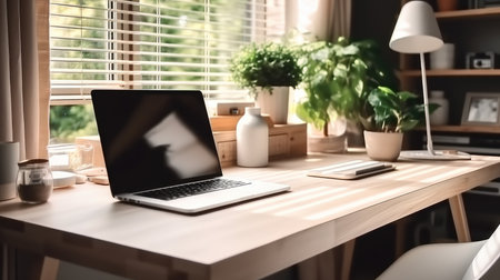 Laptop computer on table in minimal room with green garden view background.の素材