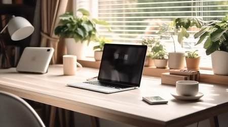 Laptop computer on table in minimal room with green garden view background.の素材