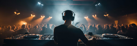 Real view, Dj mixing music in a nightclub with crowd of people dancing.の素材