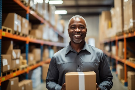 Smiling black male warehouse worker with box in warehouse for shipment.の素材