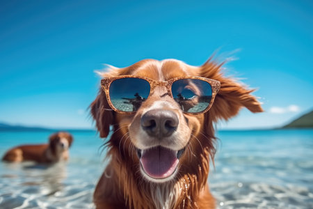 Smiling dog wearing sunglasses on the beach, Summer travel concept.の素材