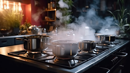 Steaming and boiling pan of water on heating stove in modern kitchen, Water Boiling Stainless pot on a gas.の素材