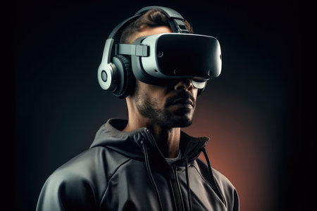 Excited man watching in headset of VR virtual reality in studio, Virtual reality, Technology simulation concept.の素材