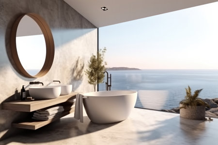 Modern minimalist bathroom design with sea view.の素材