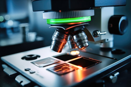 Close up of laboratory microscope, Research experiments.の素材