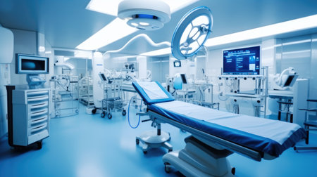 Examination room in a hospital or clinic with diagnostic imaging equipment used to visualize the arteries of the heart, Operating room with modern equipment.の素材