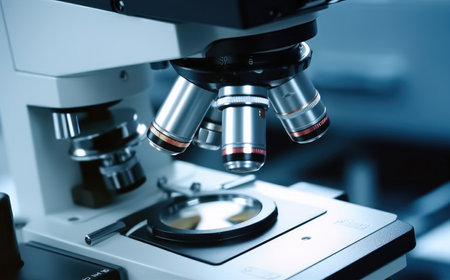 Microscope, Medicine equipment research setting in lab for chemistry analysis, Scientific microscope data analysis.の素材