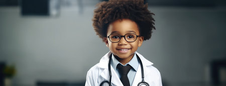 Happy African American children wearing doctor outfit on gray backgroundの素材