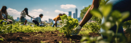 Group of volunteer are working together creating green spaces, Emphasizing collaboration and environmental stewardship.の素材