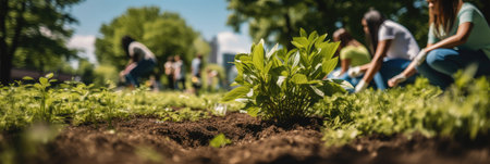 Group of volunteer are working together creating green spaces, Emphasizing collaboration and environmental stewardship.の素材
