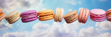 Colored macarons flying in the air, Banner design.の素材
