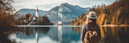 Rear view Young girl with backpack in hat stands on top of cliff on the shore of lake, Travel concept.の素材