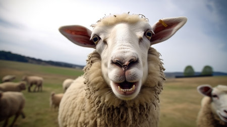 Cheeky sheep makes a funny face, Farm animals.の素材