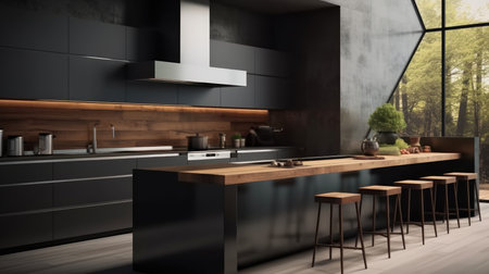 Modern kitchen featuring a sleek black color scheme at contemporary house.の素材